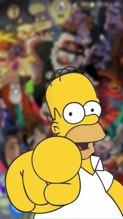 Homer Simpson in a colorful cartoon mashup background featuring characters from "Gravity Falls.