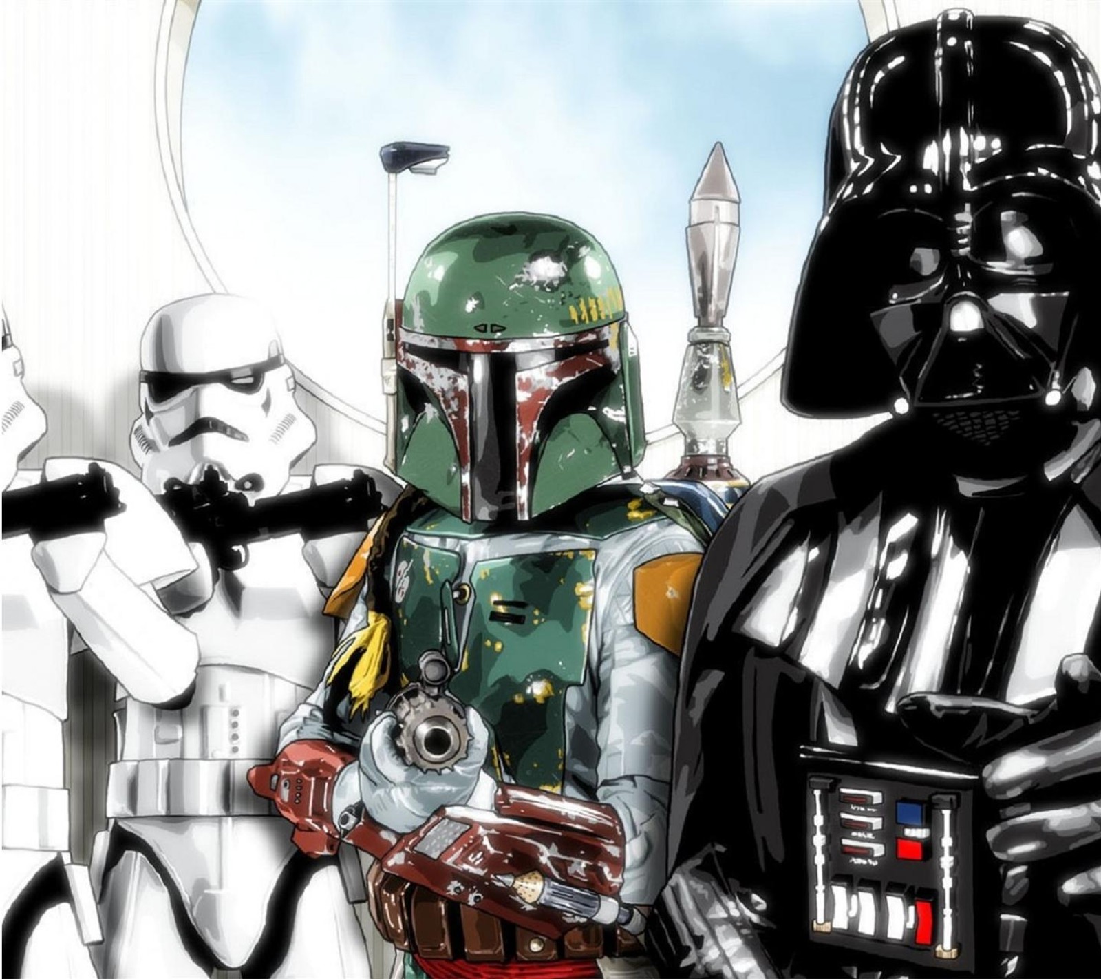 Zwei star wars charaktere stehen nebeneinander (boba fett, darth vader, star wars, sturmtruppler)