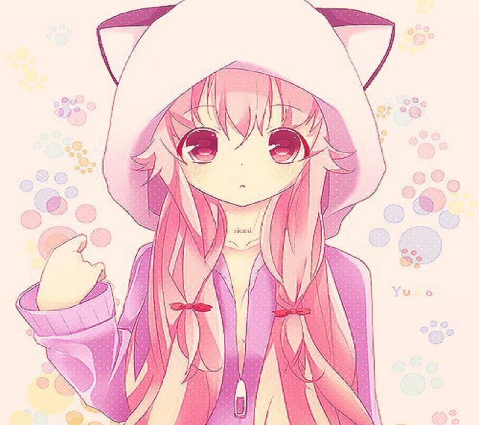 Fille anime avec des cheveux roses et des oreilles de chat dans un hoodie (anime, mignon, fille, kawaii, musique)