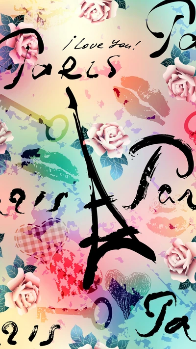 Motif d'art abstrait célébrant Paris avec des roses et la Tour Eiffel