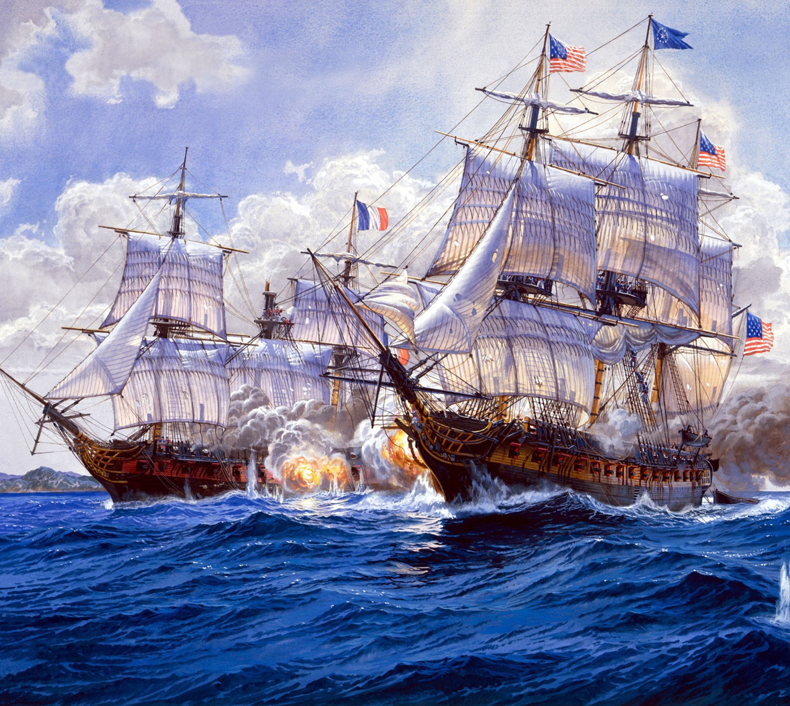 Painting of two ships in the ocean with smoke coming out of them (attach, battle, gun, ocean, painting)