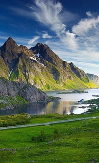 clouds, grass, mountains, water