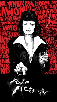 Retrato estilizado de uma mulher de "Pulp Fiction" com texto vermelho em negrito e um cigarro, capturando a essência icônica do filme.