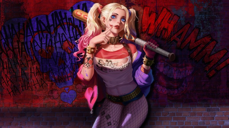 Женщина в розовом наряде с битой и бейсбольной битой (harley quinn, dc comics, комиксы)