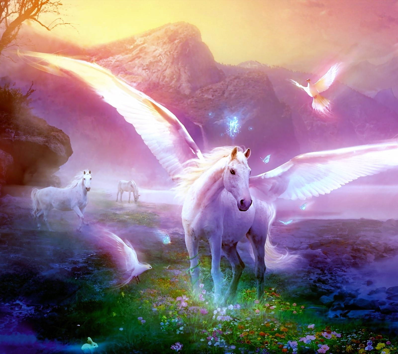 Unicorns and horses in a field with mountains in the background (art, design, fantasy, painting)