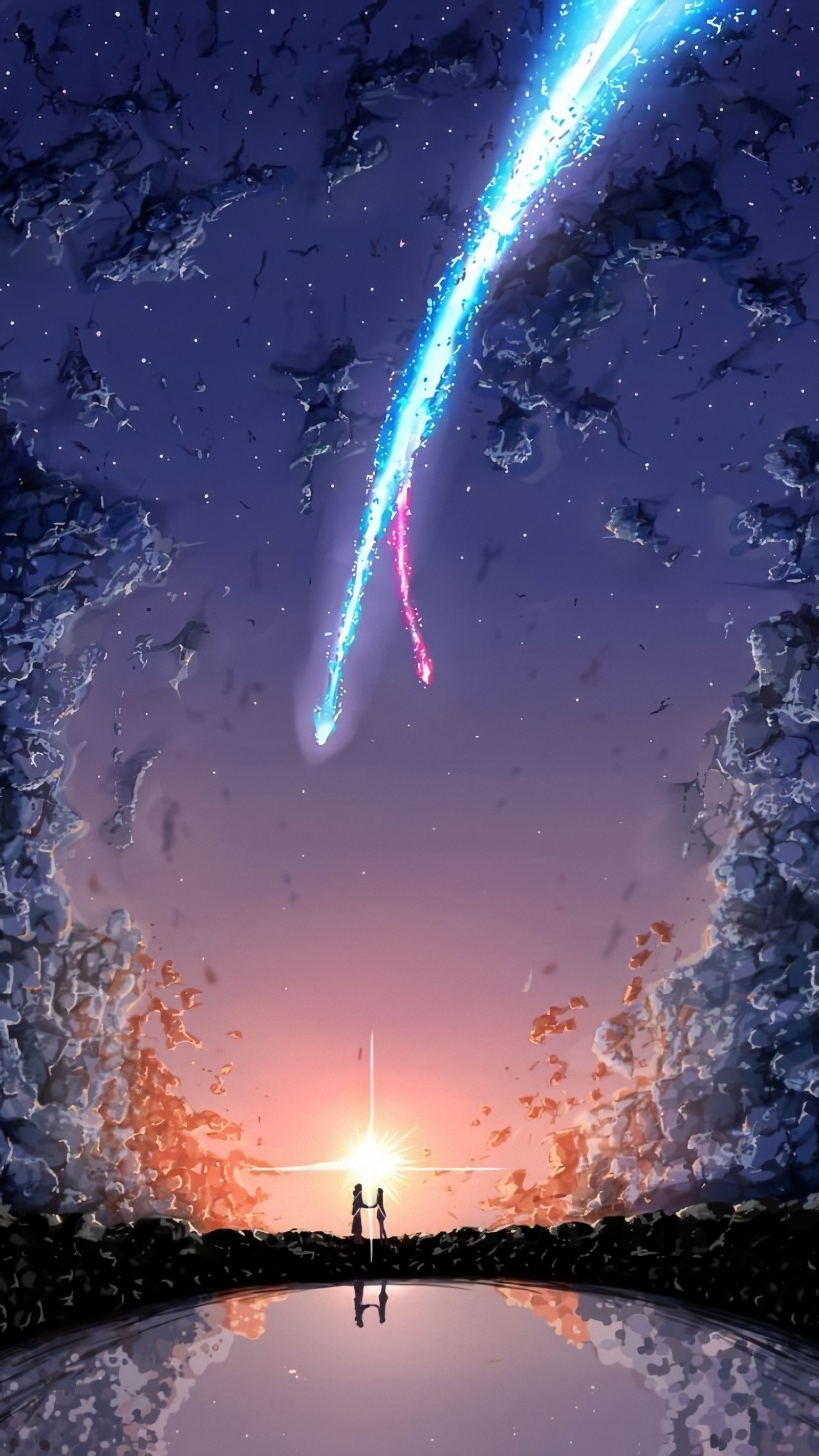 Anime, una pareja observando un cometa que cae en el cielo (anime, ligero, luces, nebulosas, noche)