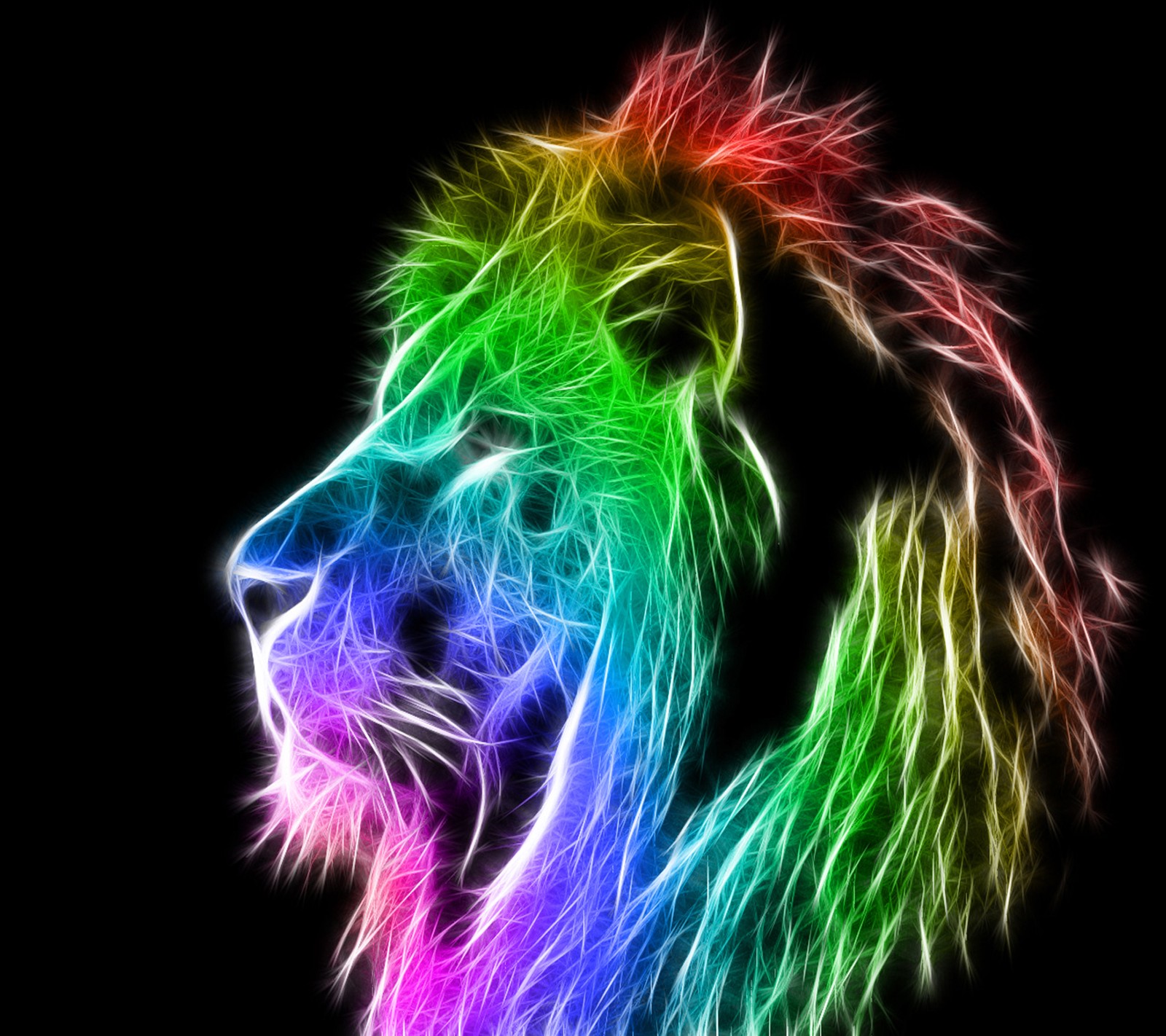 A close up of a lion with a rainbow mane on a black background (abstract, lion)