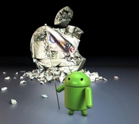 Robot Android plantando la bandera de Google en medio del logo de Apple roto