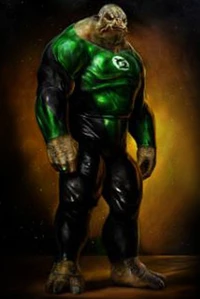 A powerful, muscular alien character wearing a green and black superhero costume, embodying strength and resilience.