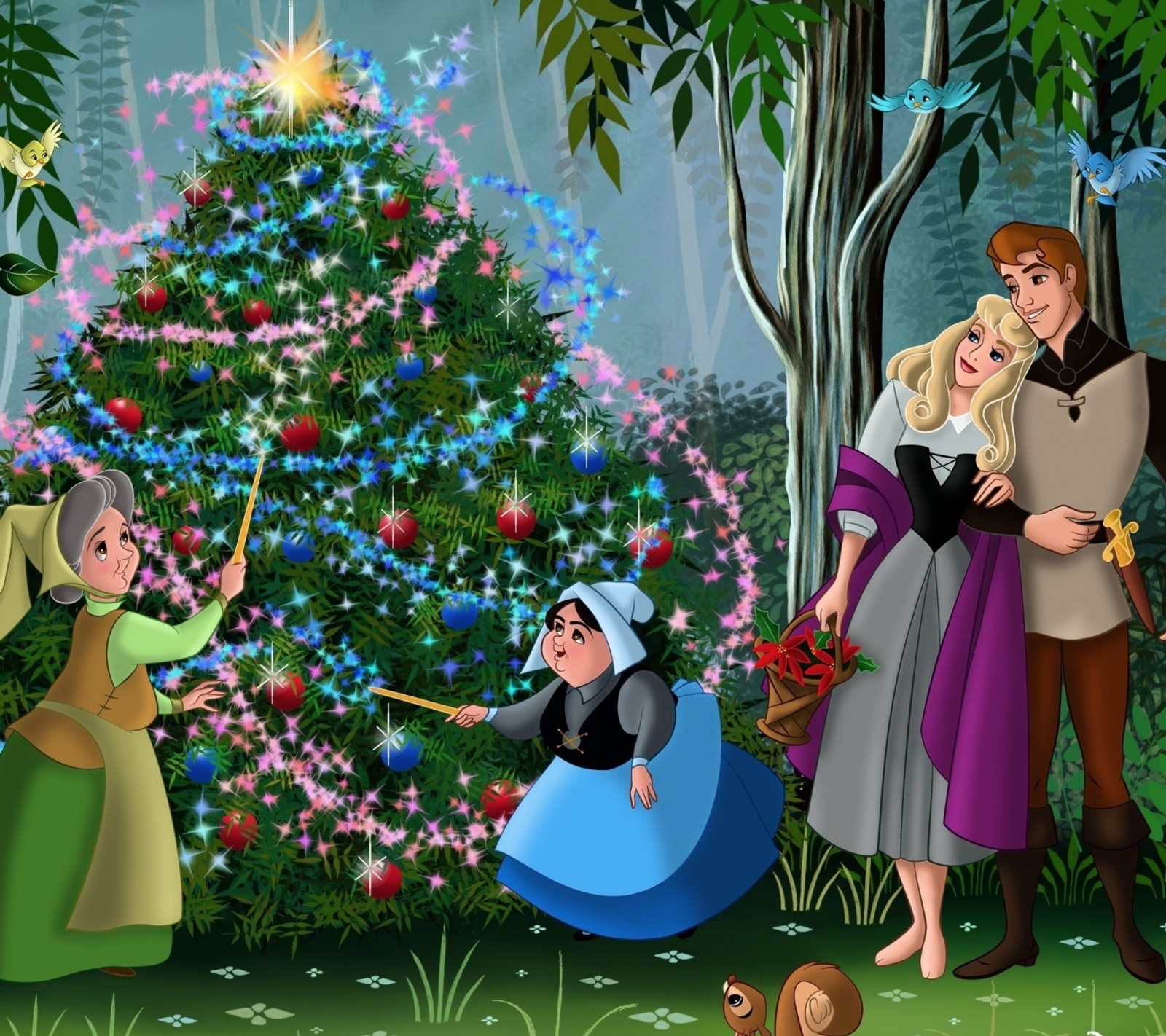 A cartoon image of a couple of people standing in front of a christmas tree (cartoons, sleeping beauty)