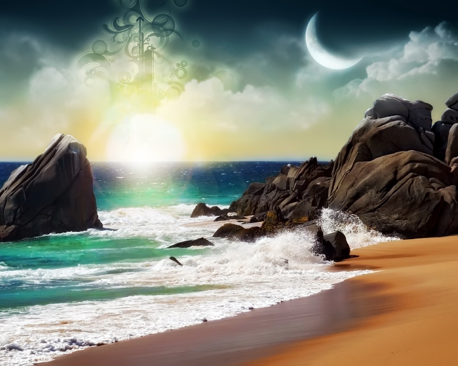 Pintura de uma praia com pedras e uma lua crescente (bonito, hd, lua, natureza, rocha)