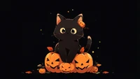 Charmante schwarze Katze mit Kürbislaternen für Halloween