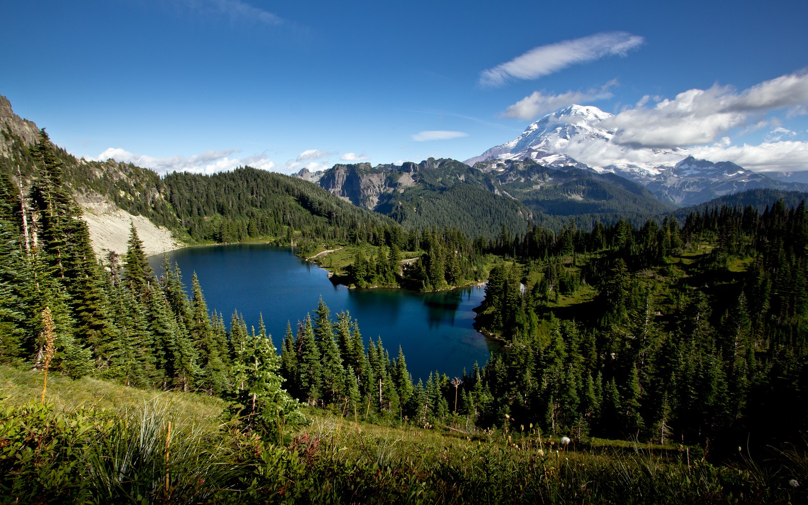 Arafed view of a lake surrounded by trees and mountains (mount rainier, eunice lake, landscape, blue sky, glacier mountains)