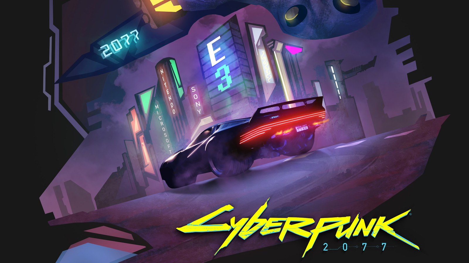 Автомобиль едет по улице перед неоновым знаком (cyberpunk 2077, видеоигра, машина)