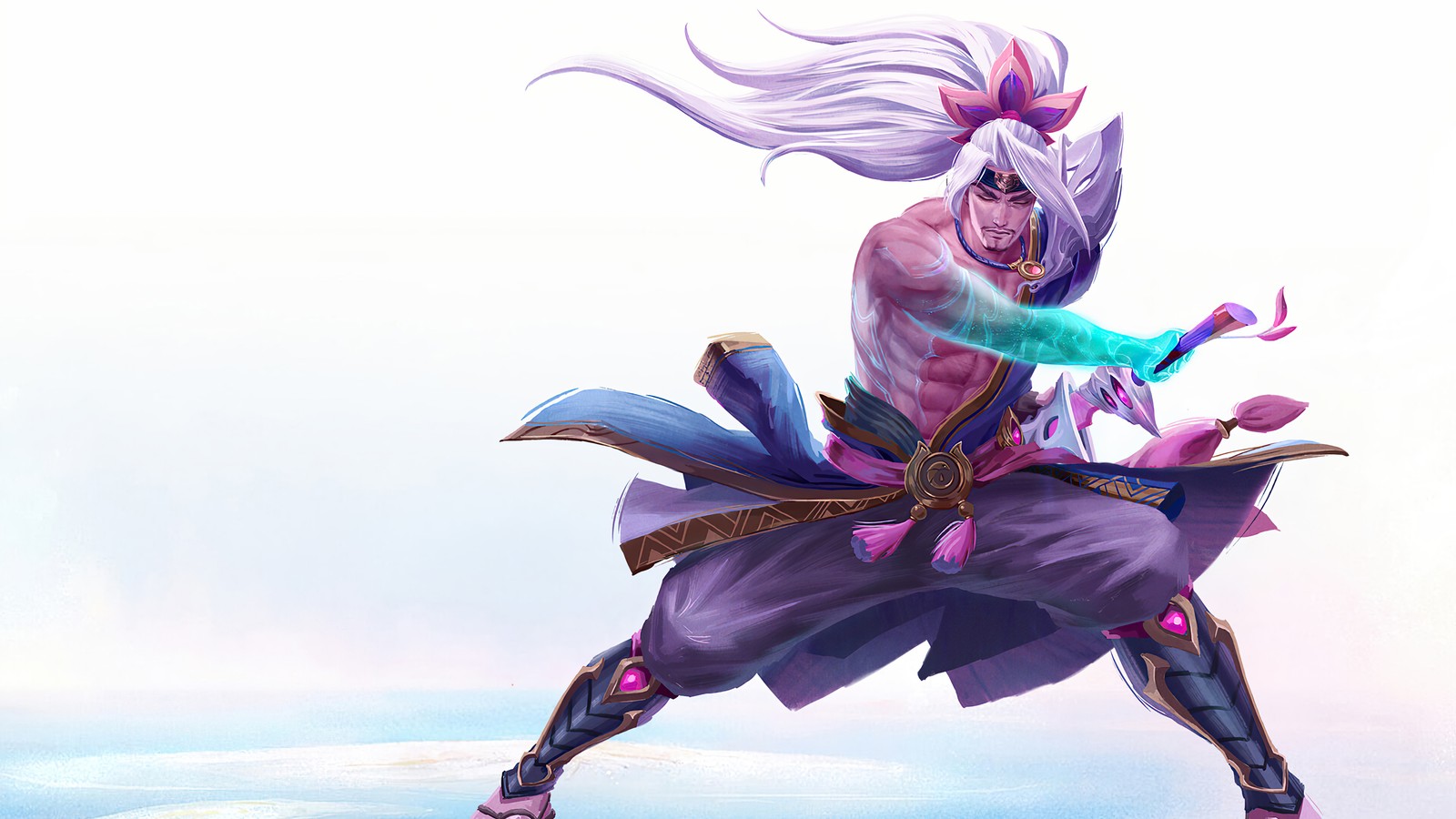 A close up of a person on a skateboard with a sword (lol, league of legends, video game, spirit blossom, yasuo)