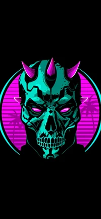 Design de camiseta de arte de crânio vibrante com chifres e acentos neon