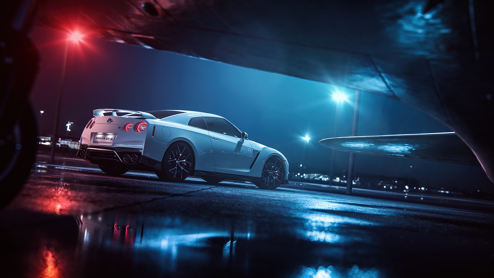 Eine nahaufnahme eines autos, das nachts auf einem parkplatz steht (nissan gt r r35, nacht, lichter, flugzeug, kleiderbügel)