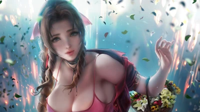 Aerith Gainsborough aus Final Fantasy VII Remake, umgeben von Blüten