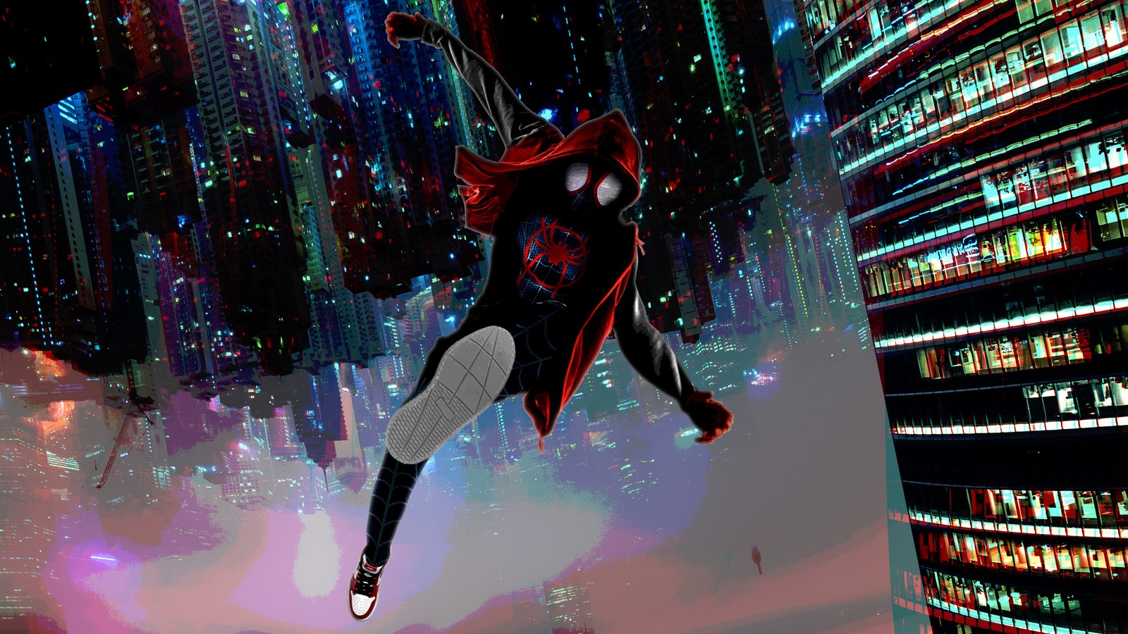 Spider-man in einem schwarzen anzug fliegt nachts durch die stadt (spider man, miles morales, spider man into the spider verse, film)