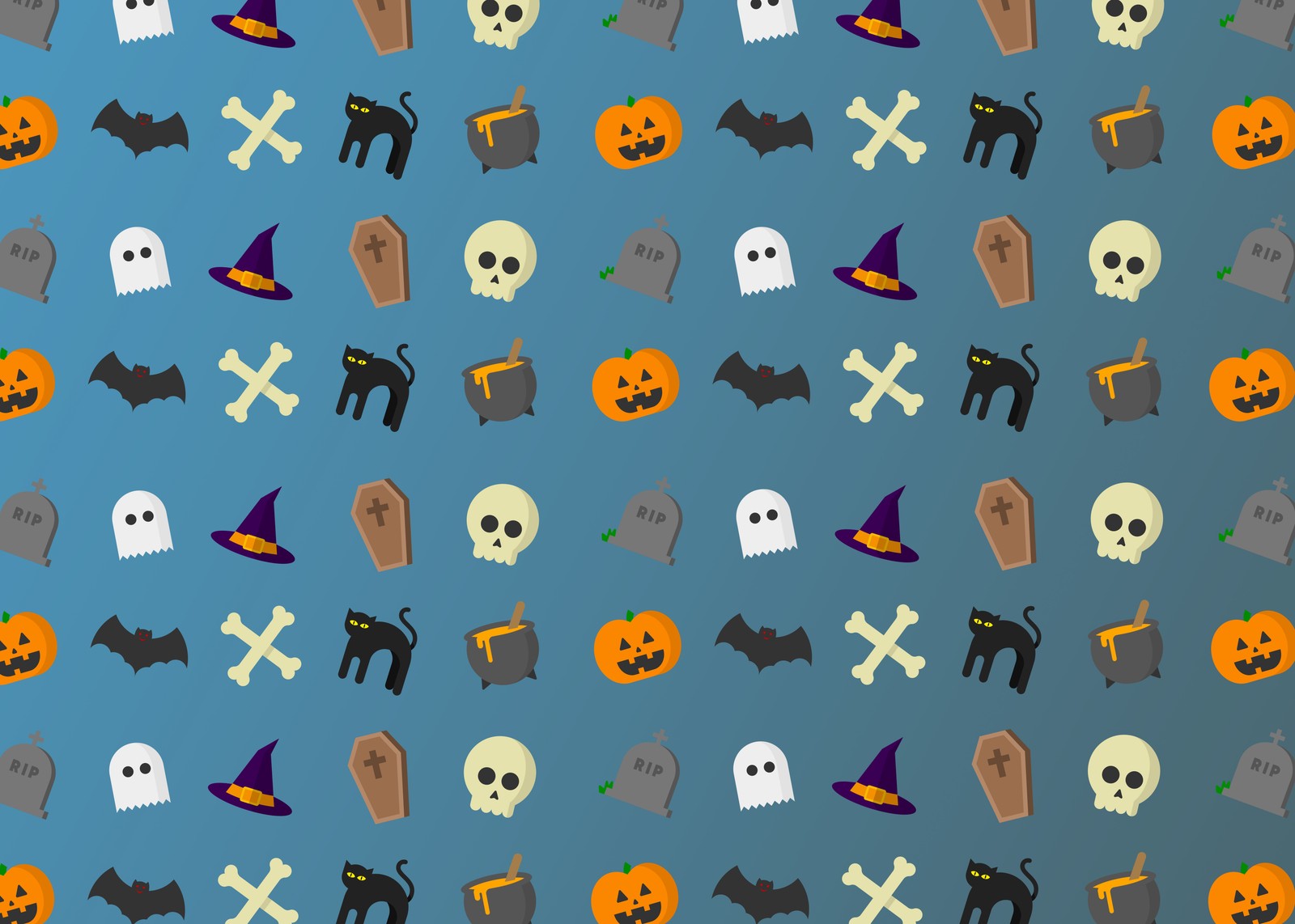 Nahaufnahme eines musters mit halloween-gegenständen auf blauem hintergrund. (kunst, muster, design, illustration, symbol)