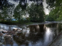 Calm River Reflections Amidst Lush Greenery