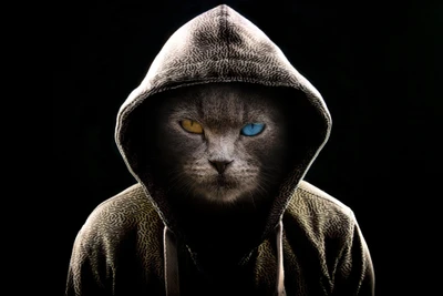 Gato enigmático con sudadera: Un retrato animal oscuro