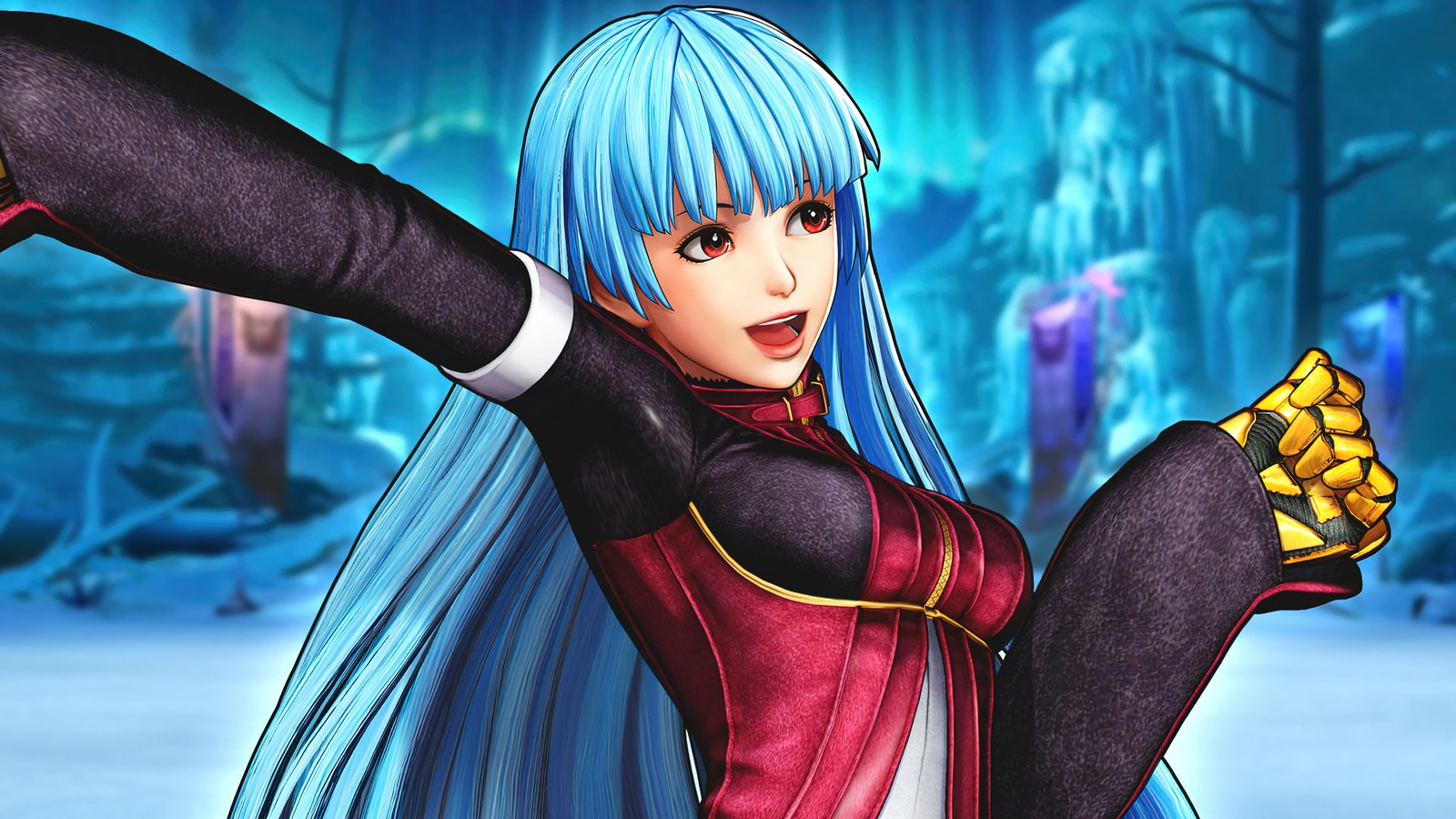 Un primer plano de una persona con cabello largo y azul y un guante (the king of fighters xv, kof 15, videojuego, kula diamond)