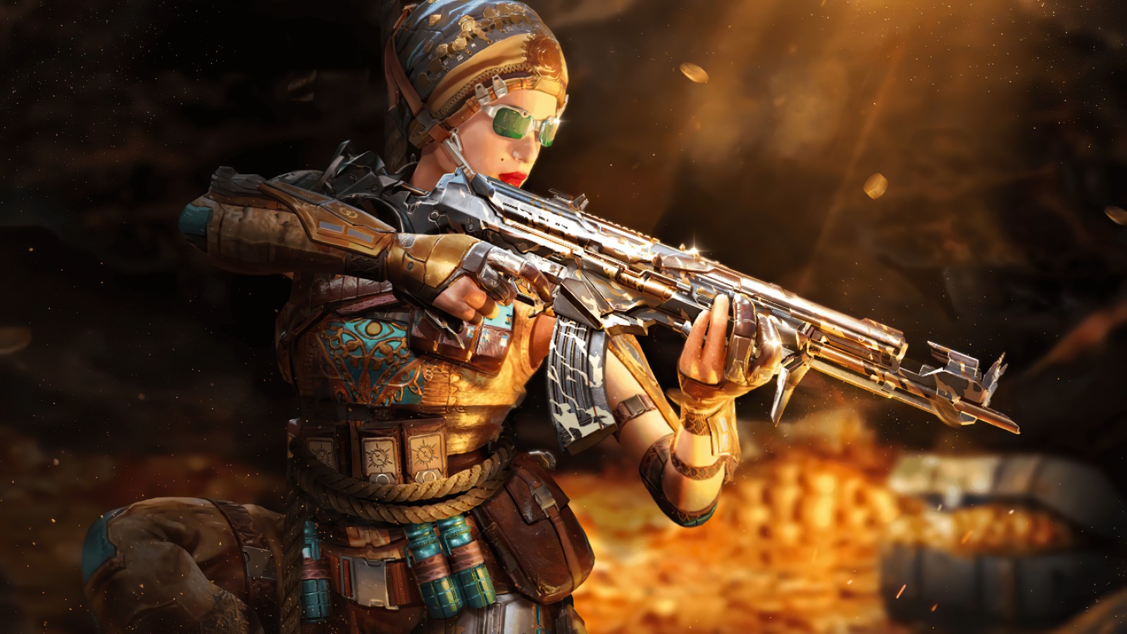 Une femme en armure tenant un fusil dans une grotte (codm, call of duty mobile, jeu vidéo, morue, call of duty)