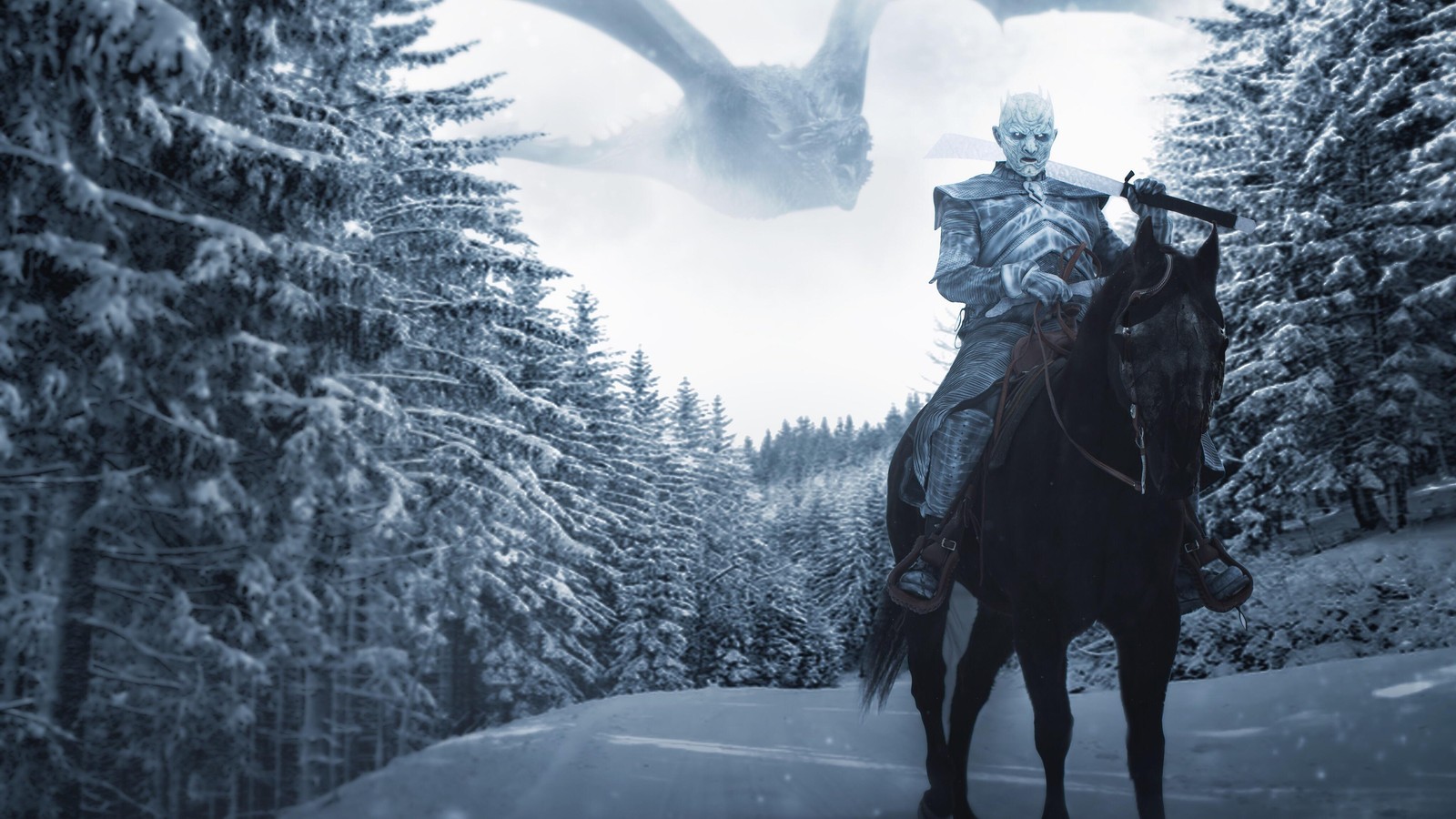 Un hombre montando un caballo en la nieve con un dragón volando sobre él (rey de la noche, juego de tronos, game of thrones)