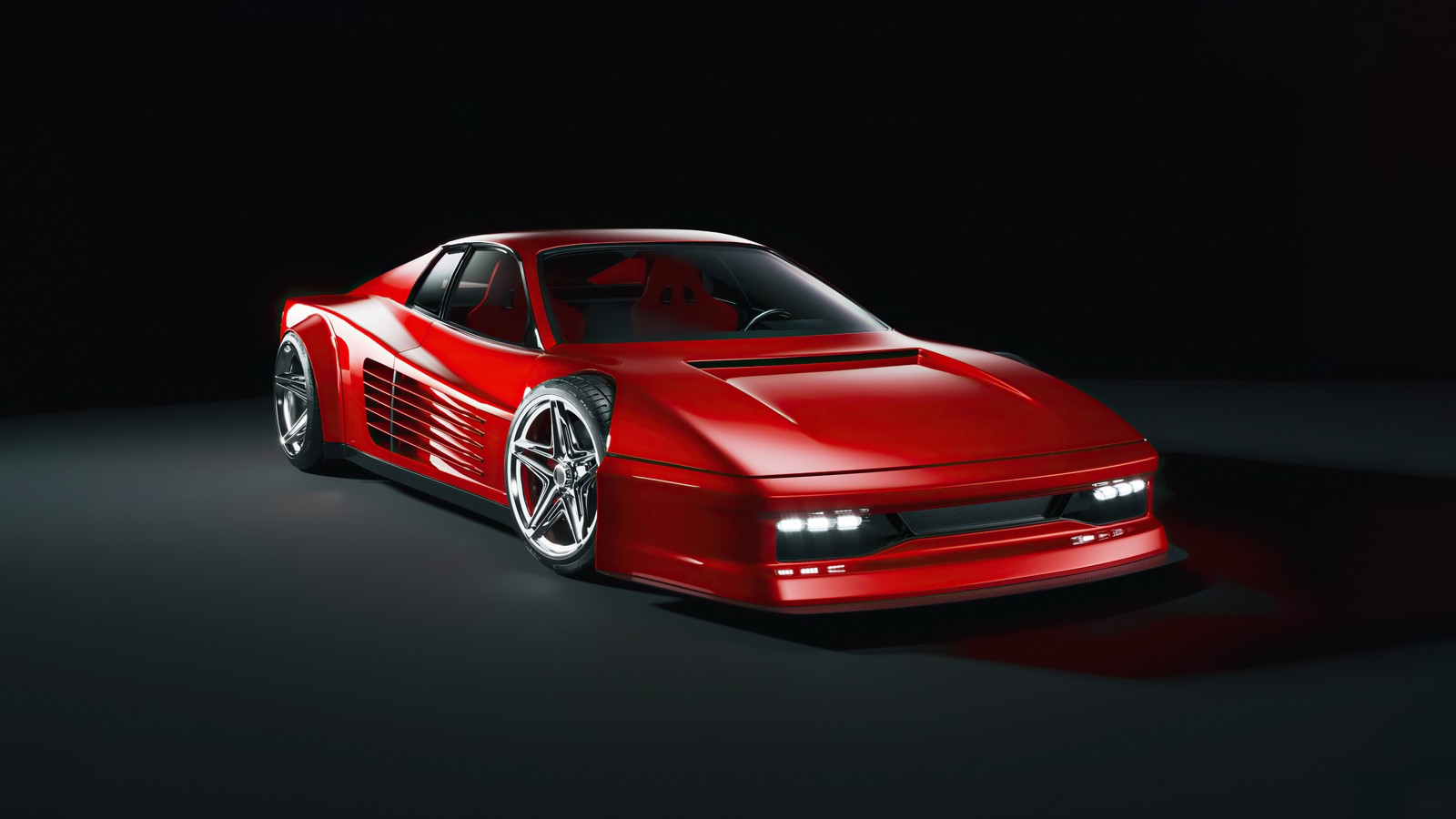 Une voiture de sport rouge est montrée dans une pièce sombre (voiture de course, voitures, ferrari testarossa, muscle car, pneu)