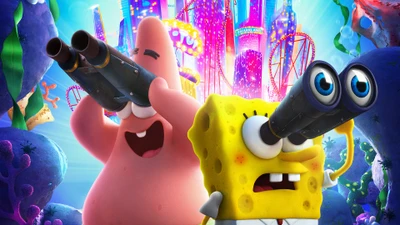 SpongeBob e Patrick observando as estrelas em uma colorida aventura subaquática do "Filme do SpongeBob: O Ladrão de Coração" (2020)