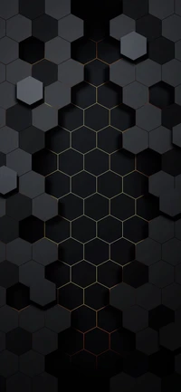 Patrón hexagonal negro y gris con paralelos simétricos y elementos de diseño circulares