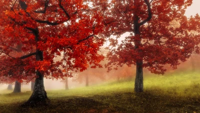 Étreinte d'automne : Éclatante forêt d'érables dans la lumière du matin