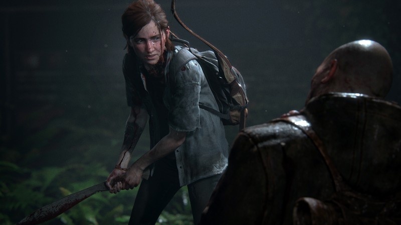 Мужчина с палкой в лесу с другим мужчиной (the last of us часть ii, the last of us part 2, the last of us 2, видеоигра, элли)