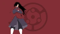 Minimaliste Madara Uchiha avec Mangekyō Sharingan sur fond rouge