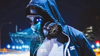 Futuristic Figure in Gas Mask with Holographic Interface