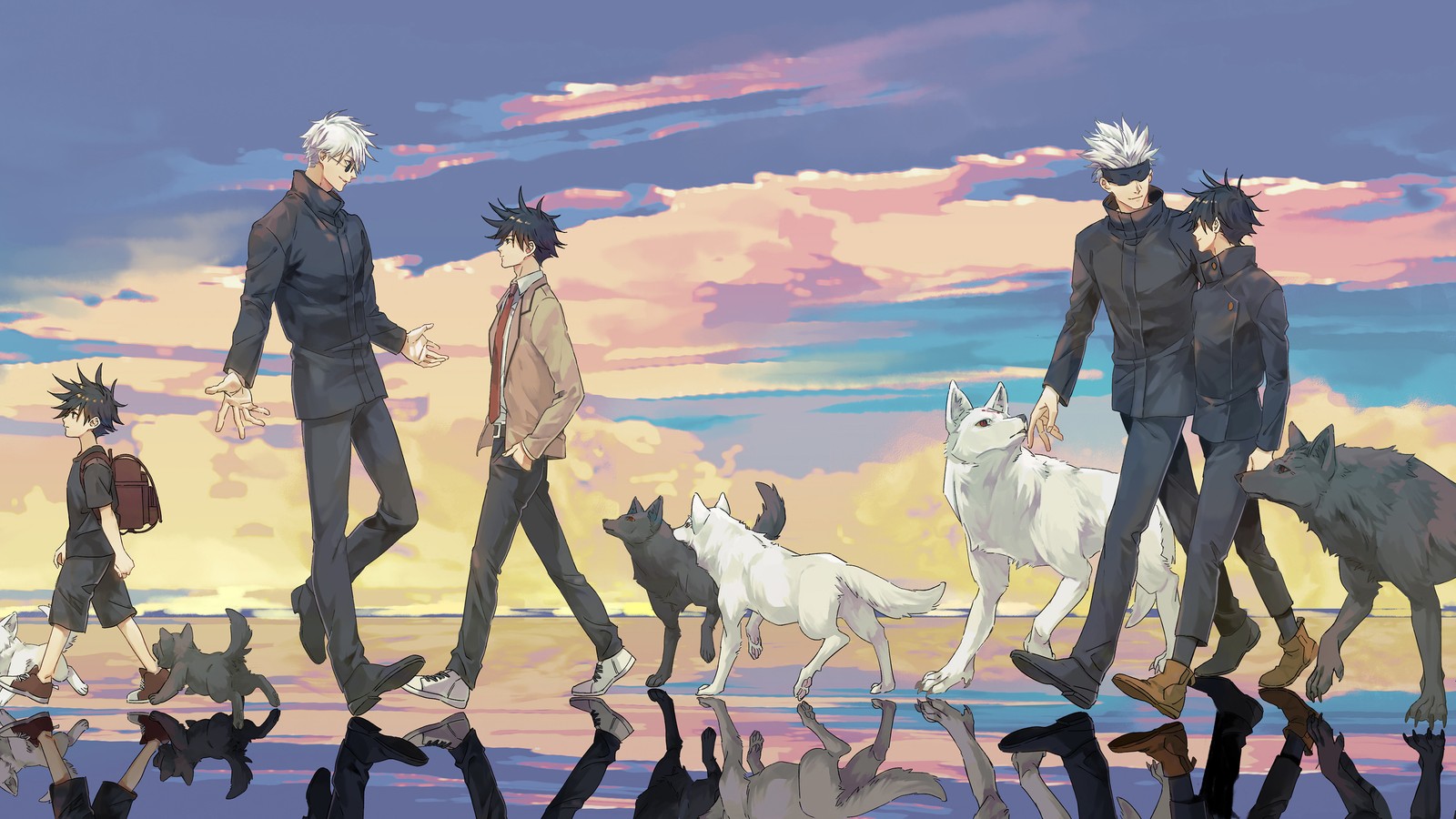 Personajes de anime caminando por la playa con sus perros (jujutsu kaisen, anime, lucha de hechicería, 呪術廻戦, satoru gojo)