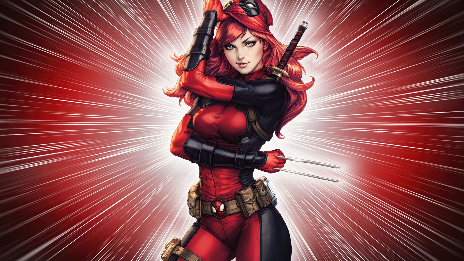 Una mujer con un atuendo rojo y negro sosteniendo una espada (lady deadpool, marvel, cómics, superhéroe, héroe)