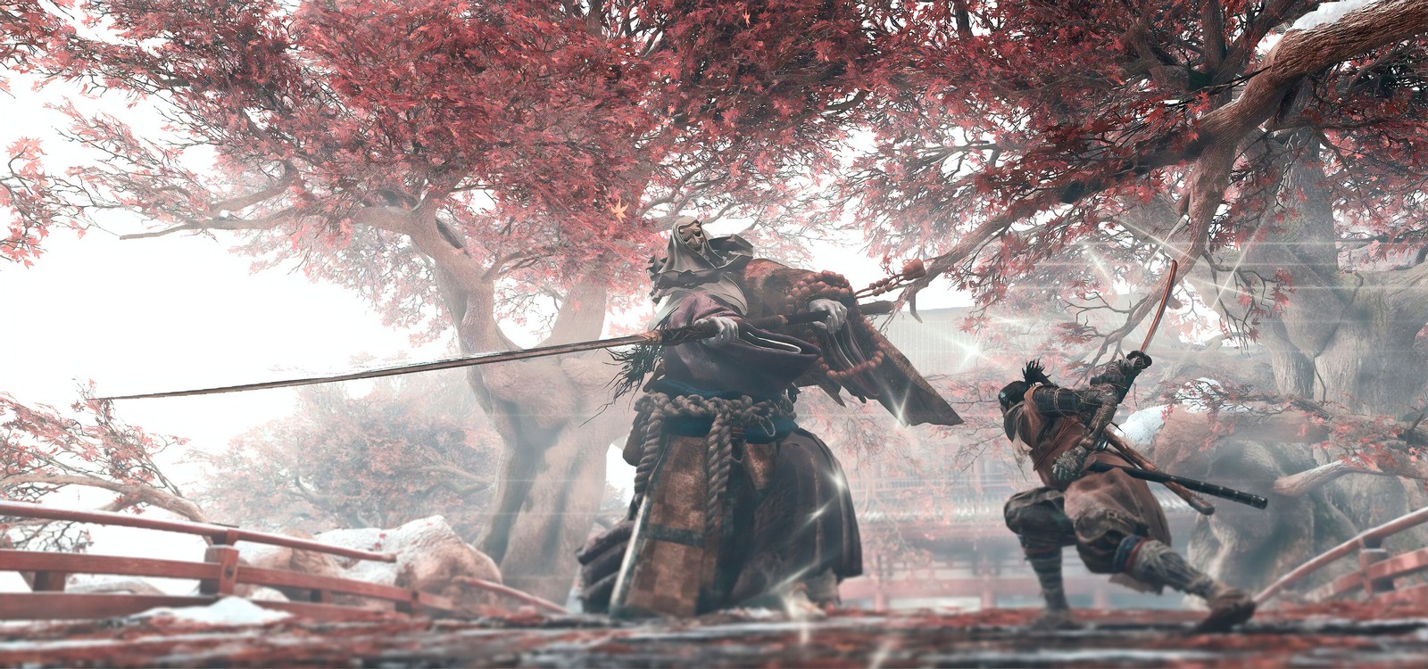 Un grupo de hombres con armadura de pie sobre un puente en un bosque (sekiro shadows die twice, pc game, juegos, combate, armadura)