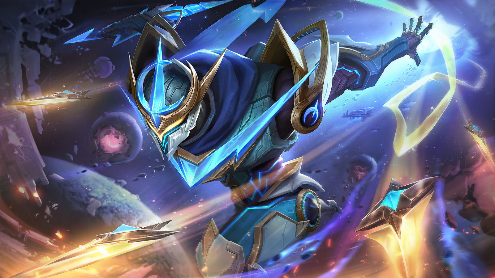 Un gros plan d'un héros en costume bleu avec une épée (gusion, éclat cosmique, peau, mobile legends, bang bang)