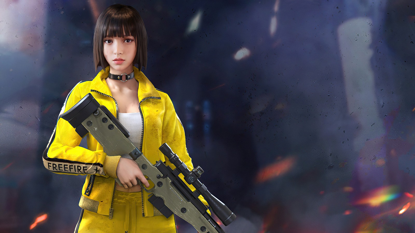 A woman in yellow holding a gun and wearing yellow (garena free fire, video game, kelly)