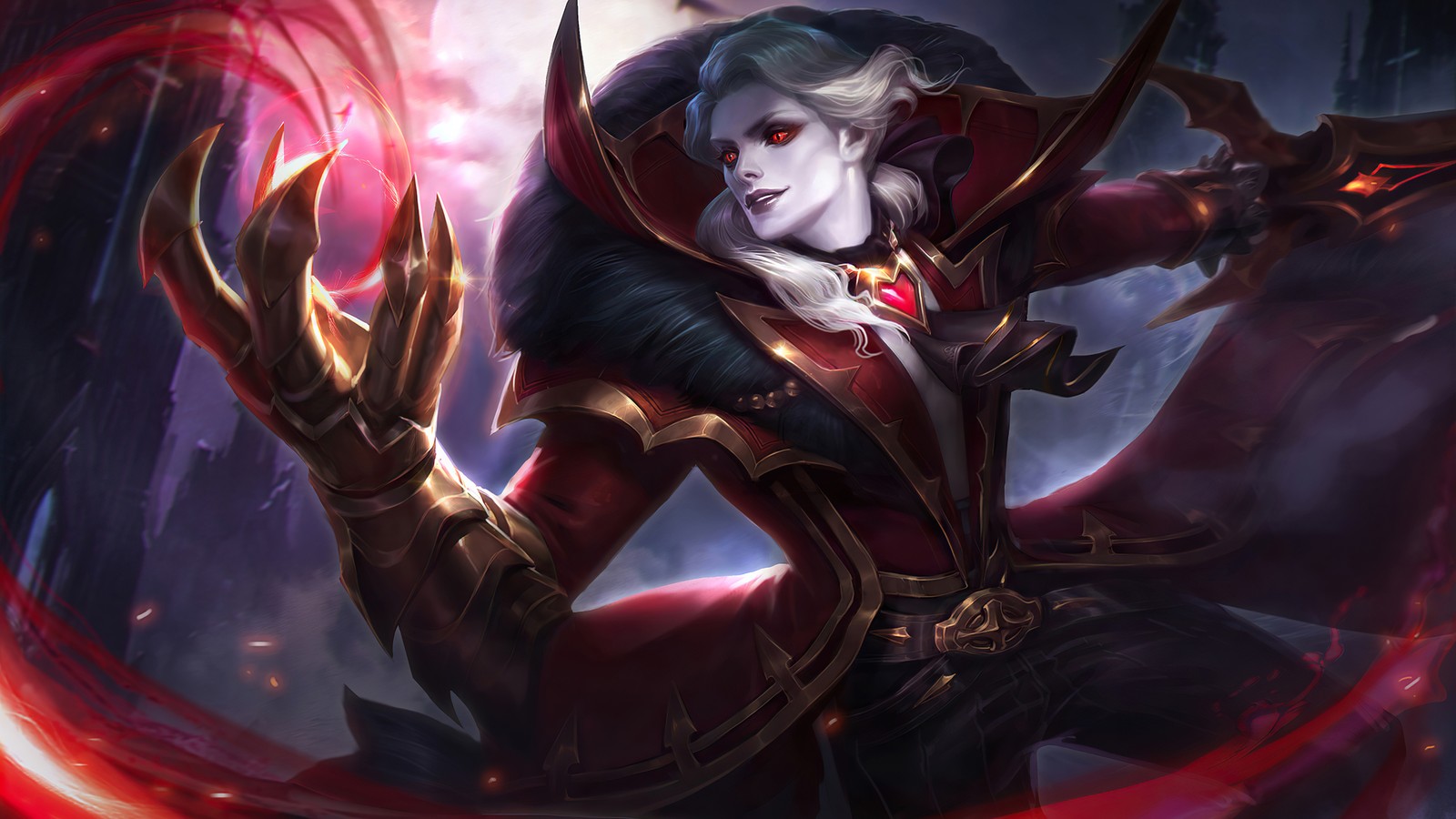 Une femme en tenue rouge et noire tenant une épée (alucard, viscount, peau, mobile legends, bang bang)