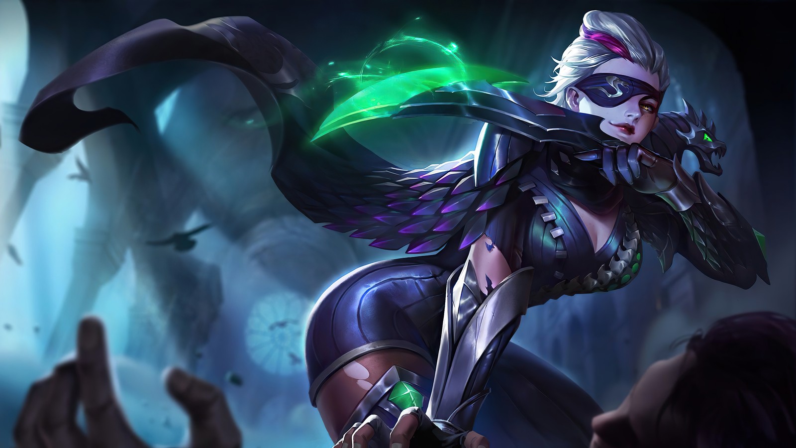 Une femme en tenue noire tenant une lumière verte (natalia, deadly mamba, peau, mobile legends, bang bang)