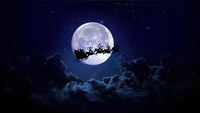 Santa Claus en un trineo, volando a través de un cielo nocturno estrellado, silueteado contra una luna llena con renos.