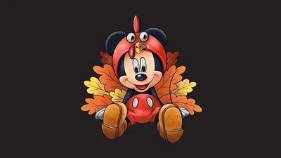 Mickey Mouse in a turkey costume surrounded by autumn leaves on a dark background.