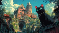 Un grand chat noir aux yeux verts frappants est assis majestueusement devant un manoir au design complexe et envahi, entouré d'une végétation luxuriante et d'oiseaux dans le ciel.