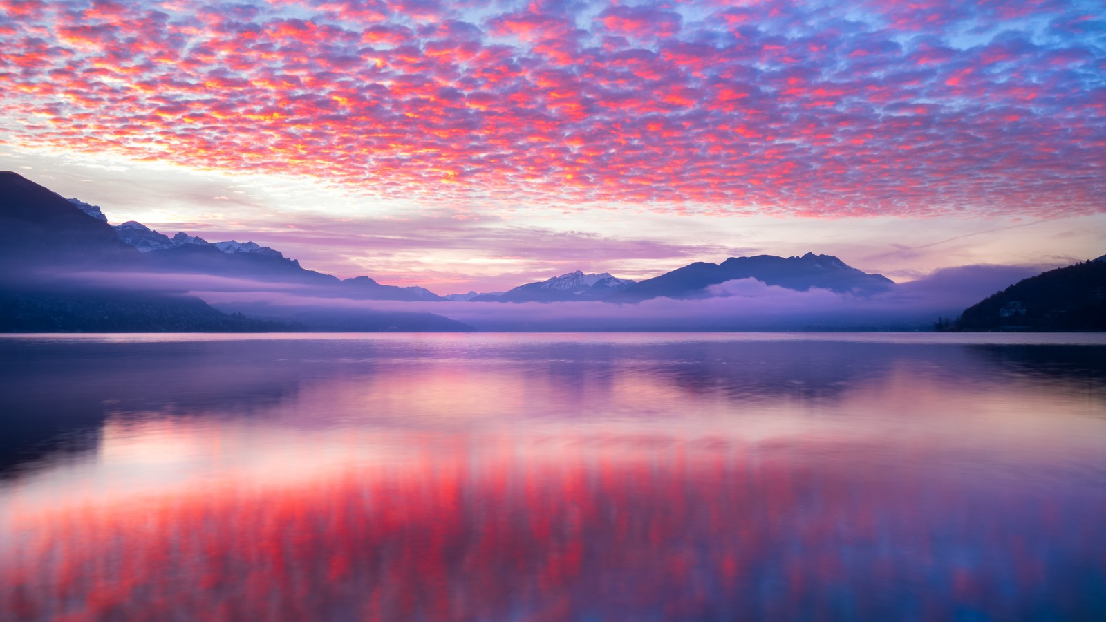 pink clouds, reflection, lake, body of water, mountains wallpaper