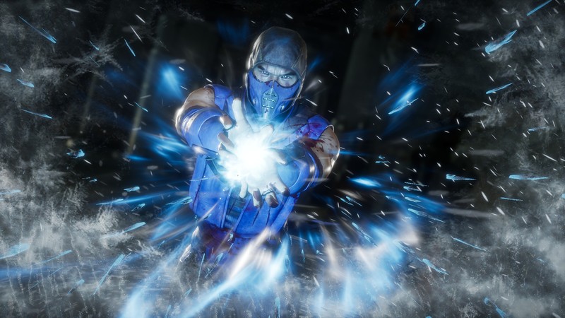 Мужчина в синем костюме, держащий светящийся шар (sub zero, mortal kombat 11, видеоигра)