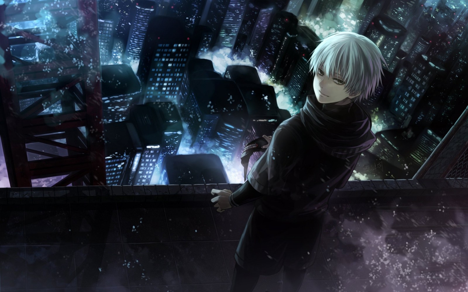 Anime, anime boy, city, night, cityscape, cityscape, citysca (ken kaneki, tokyo ghoul, anime, darkness, space)