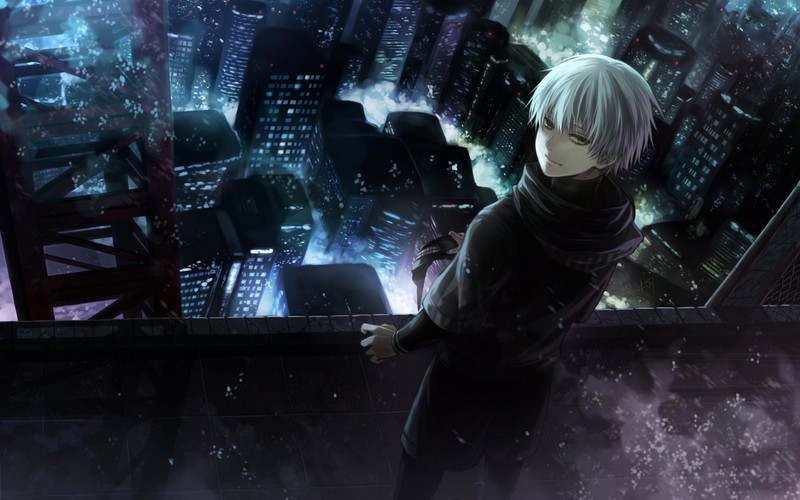 Аниме, аниме мальчик, город, ночь, городской пейзаж (токийский гуль, tokyo ghoul, аниме, anime, тьма)